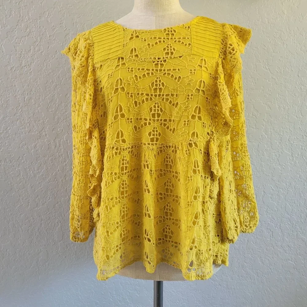 Anthropologie Maeve Clementine Eyelet Peasant Blouse Size 6 Yellow Boho Ruffle
